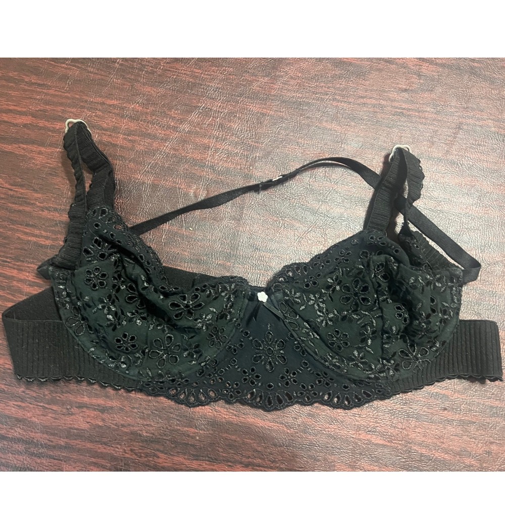 For Love & Lemons Black Eyelet Lace Underwire Bra Strappy Ribbed Band SKBR1326 M